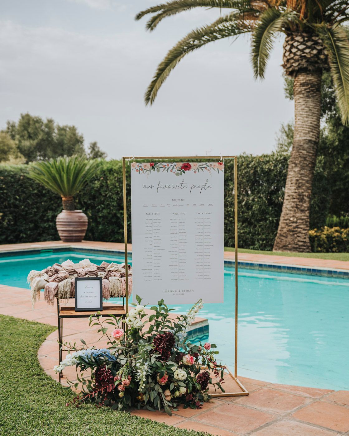Wedding seating chart display next to swimming pool with palm tree and floral decorations in tropical garden setting.