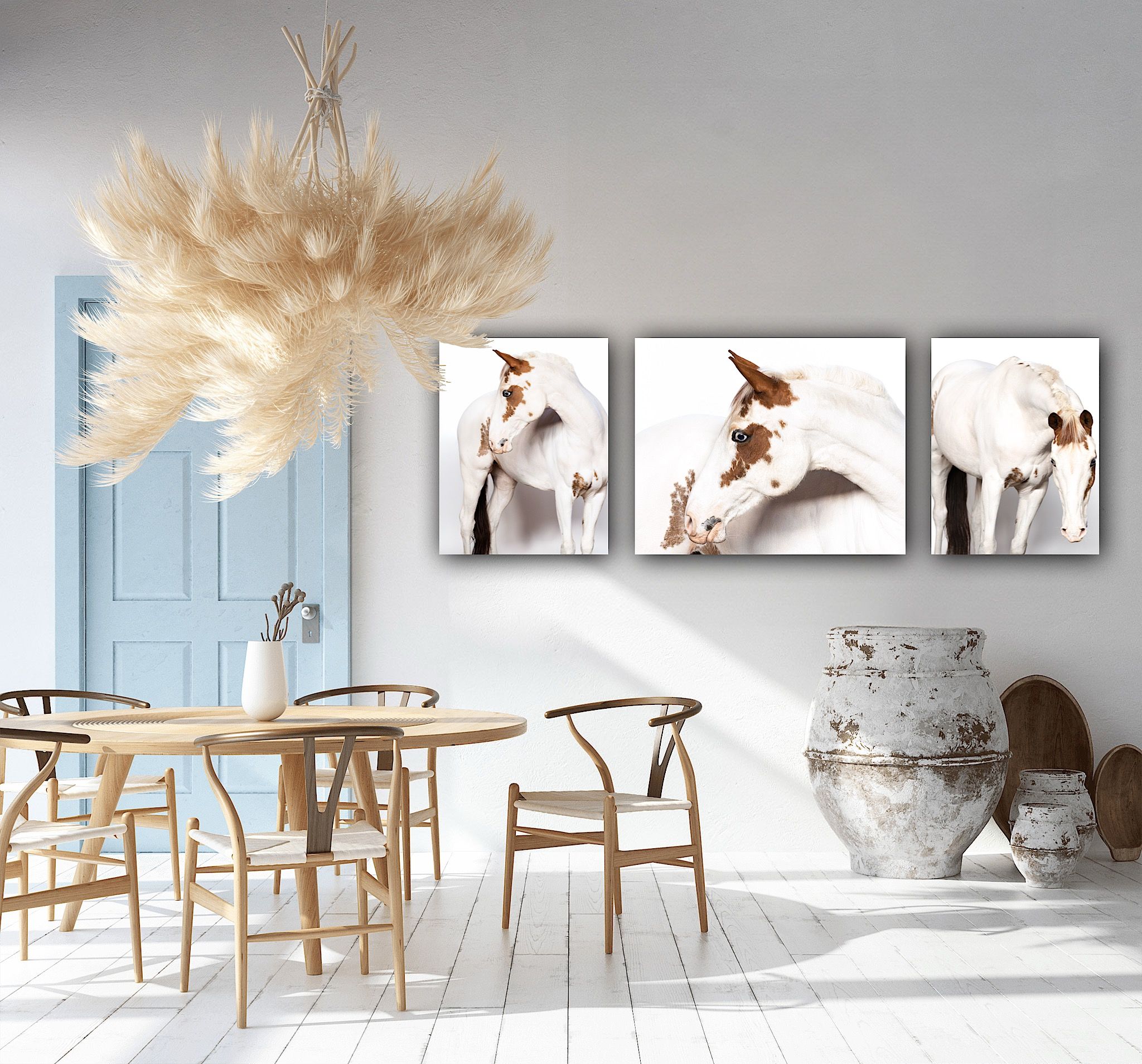 Wall art display of paint horse portraits for western or farmhouse decor. Studio portrait tryptic. Copyright Amanda Barr Photography