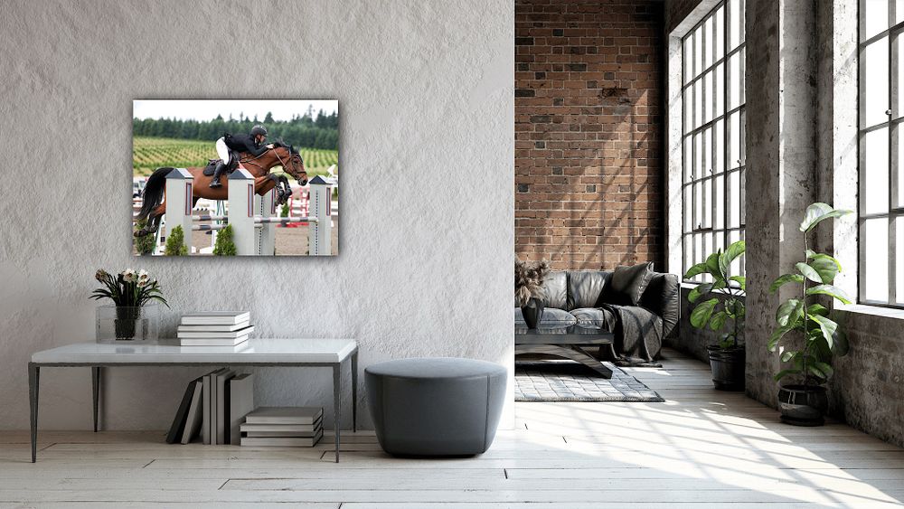 Wall art display of Grand Prix rider and his horse in a jumper classic. Copyright Amanda Barr Photography.