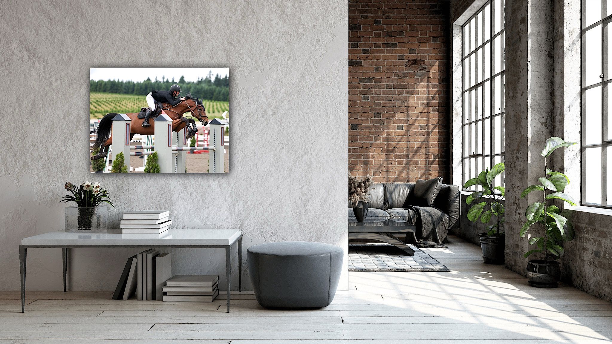 Wall art display of Grand Prix rider and his horse in a jumper classic. Copyright Amanda Barr Photography.