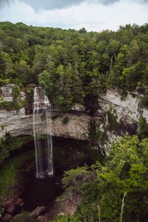 Majestic waterfall plunges from limestone cliffs into a deep forest ravine.