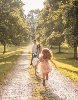 People walking down a sunlit tree-lined gravel path on a warm summer evening with golden light filtering through leaves.