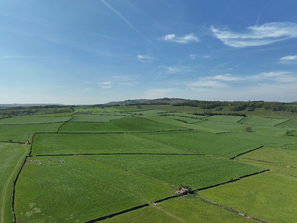 Rolling green hills and pastures divided by stone walls stretch to the horizon under a bright blue sky.