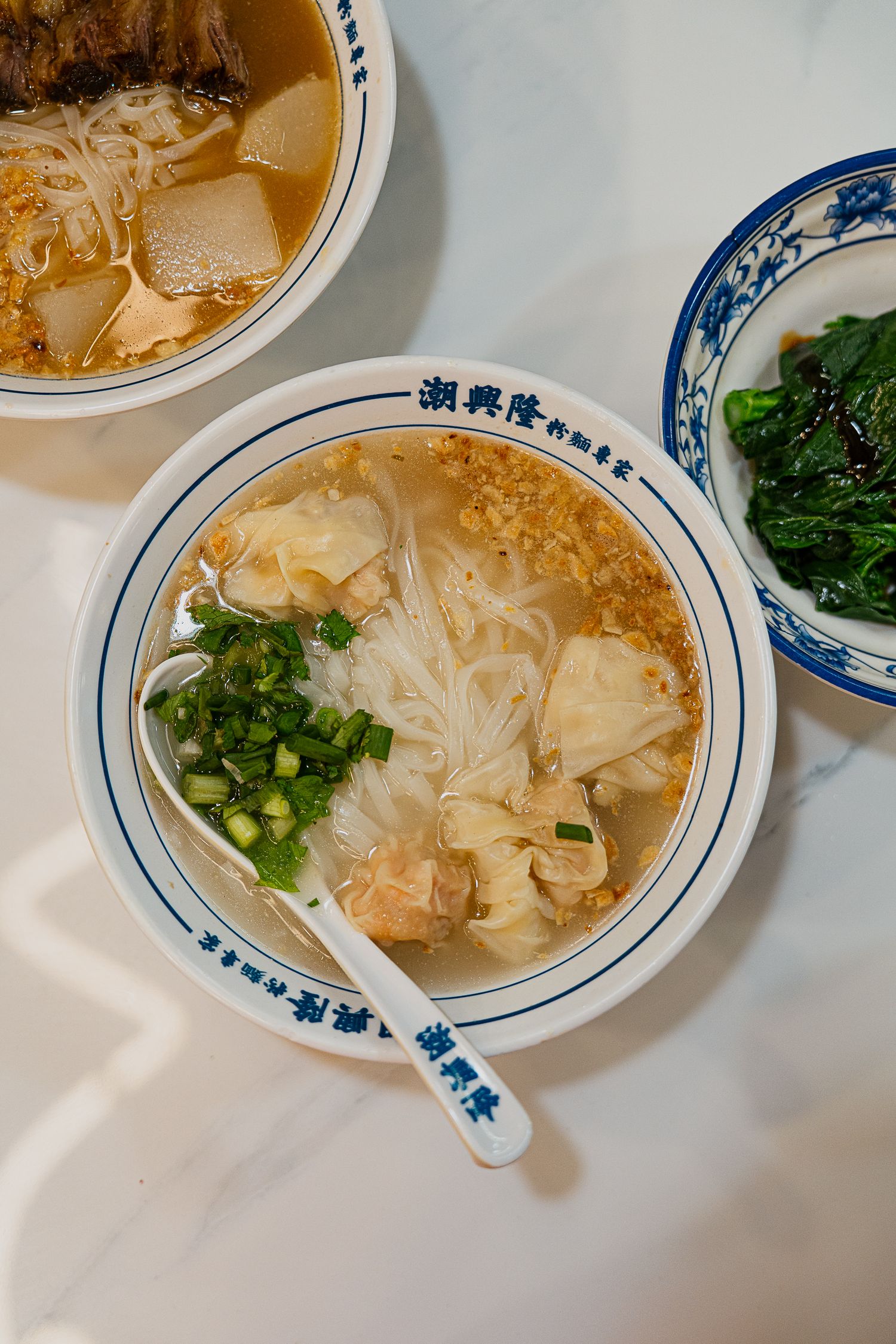 Flatlay of Hong Kong noodles and wontons