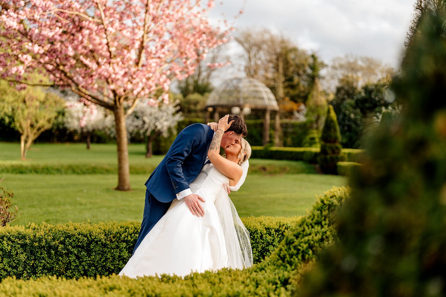 A couple shares an intimate moment under blooming cherry trees on a manicured lawn at springtime.