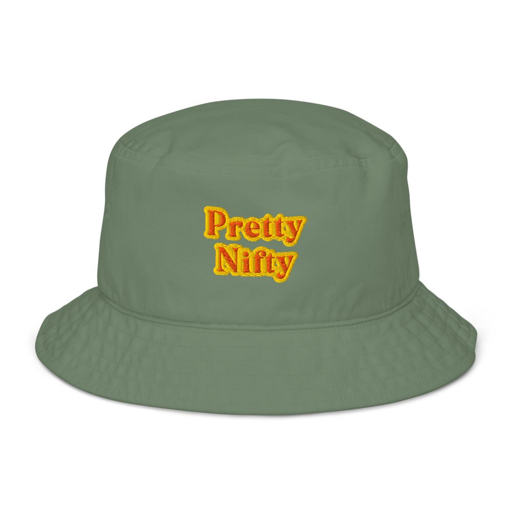 Olive green bucket hat with bright orange embroidered text shown from multiple angles.