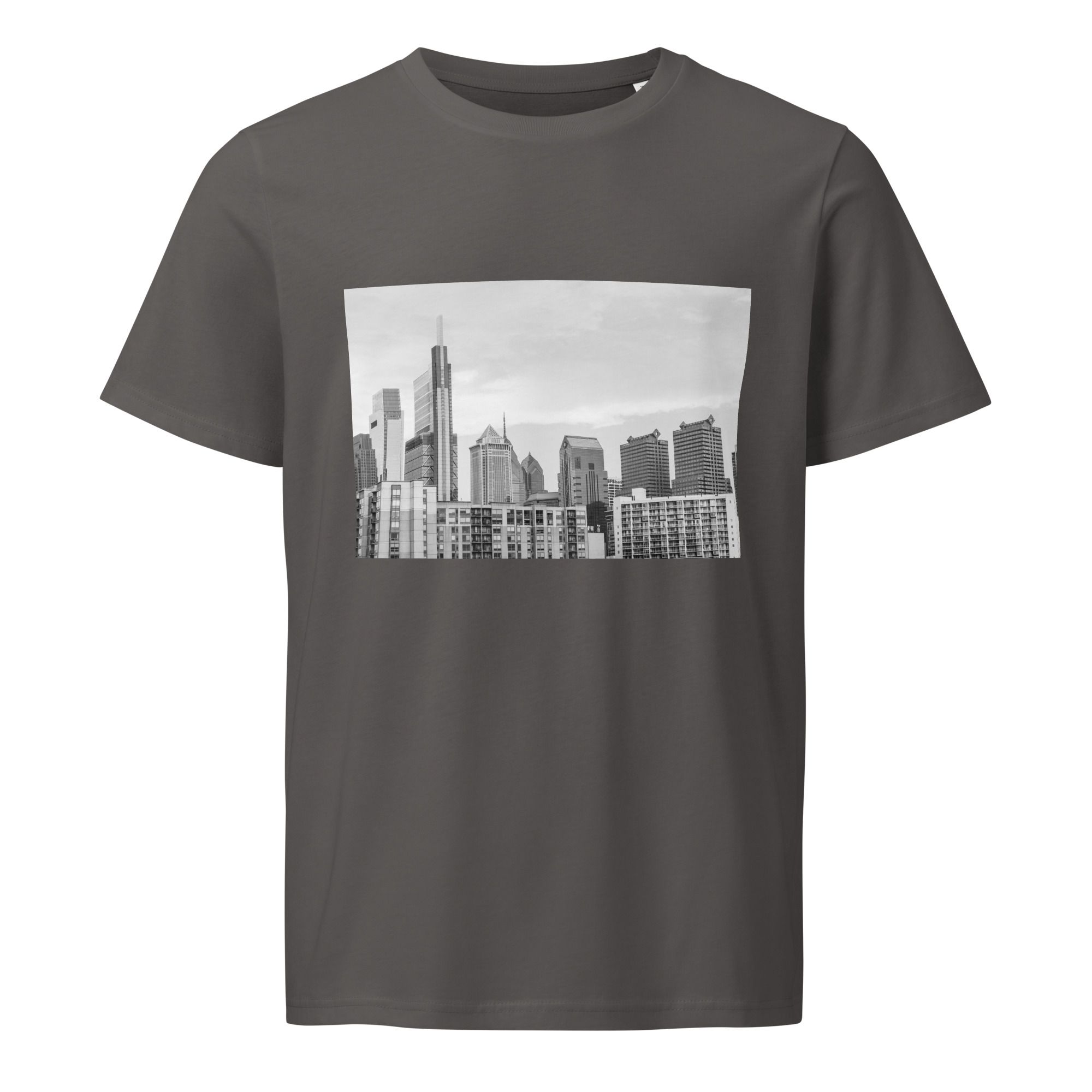 Urban skyline graphic printed on gray t-shirts showing modern city buildings in minimalist black and white design.