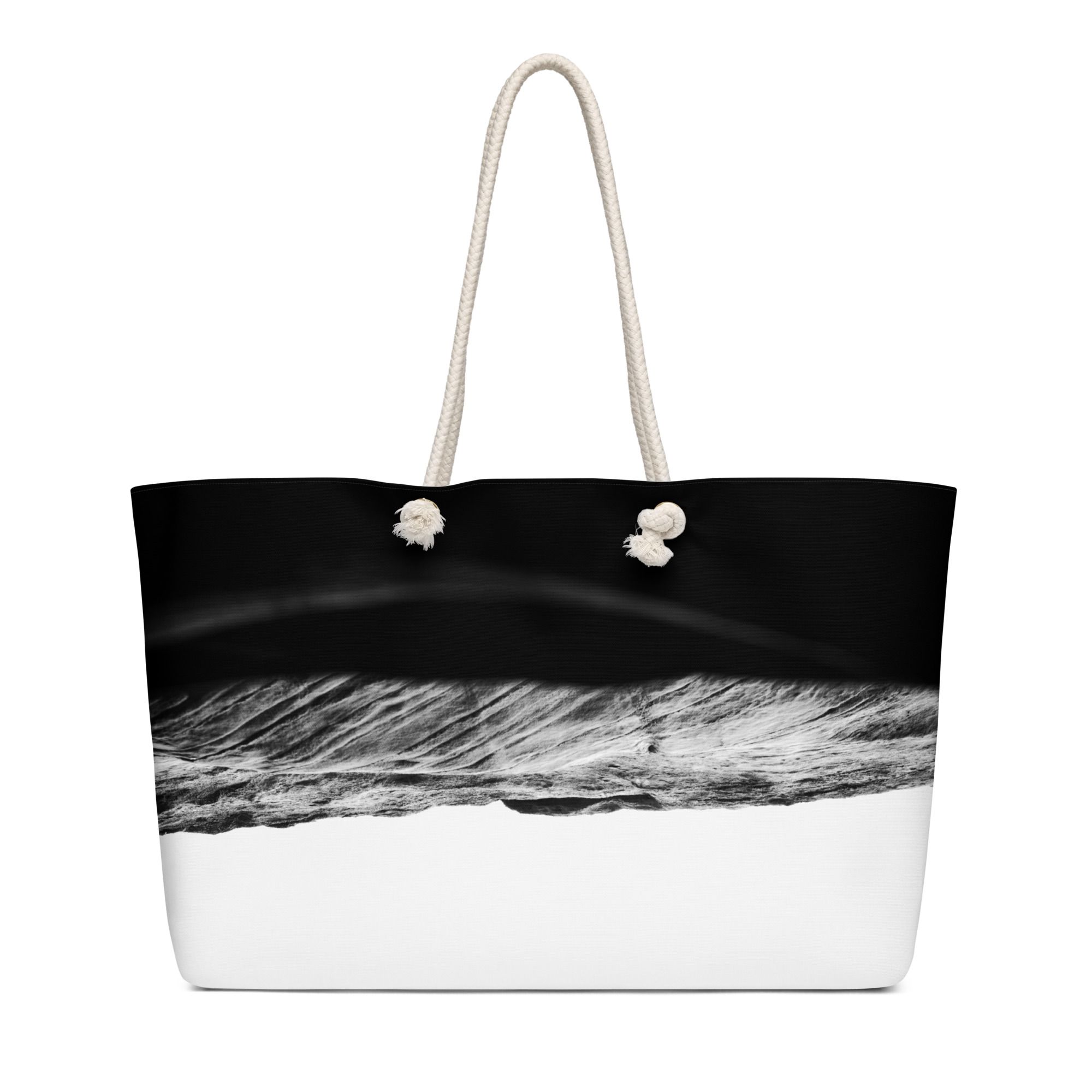 White leather tote bag with contrasting black trim and double handles shown from multiple angles.