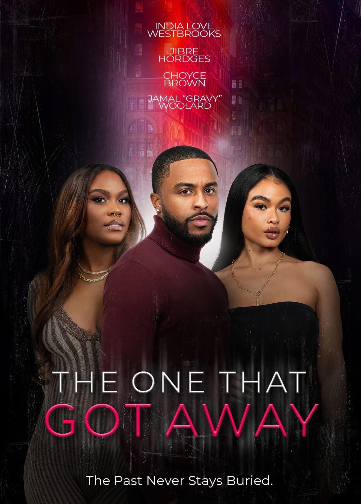 Movie poster for 'Got Away' featuring dramatic silhouettes against a dark purple backdrop with glowing text.