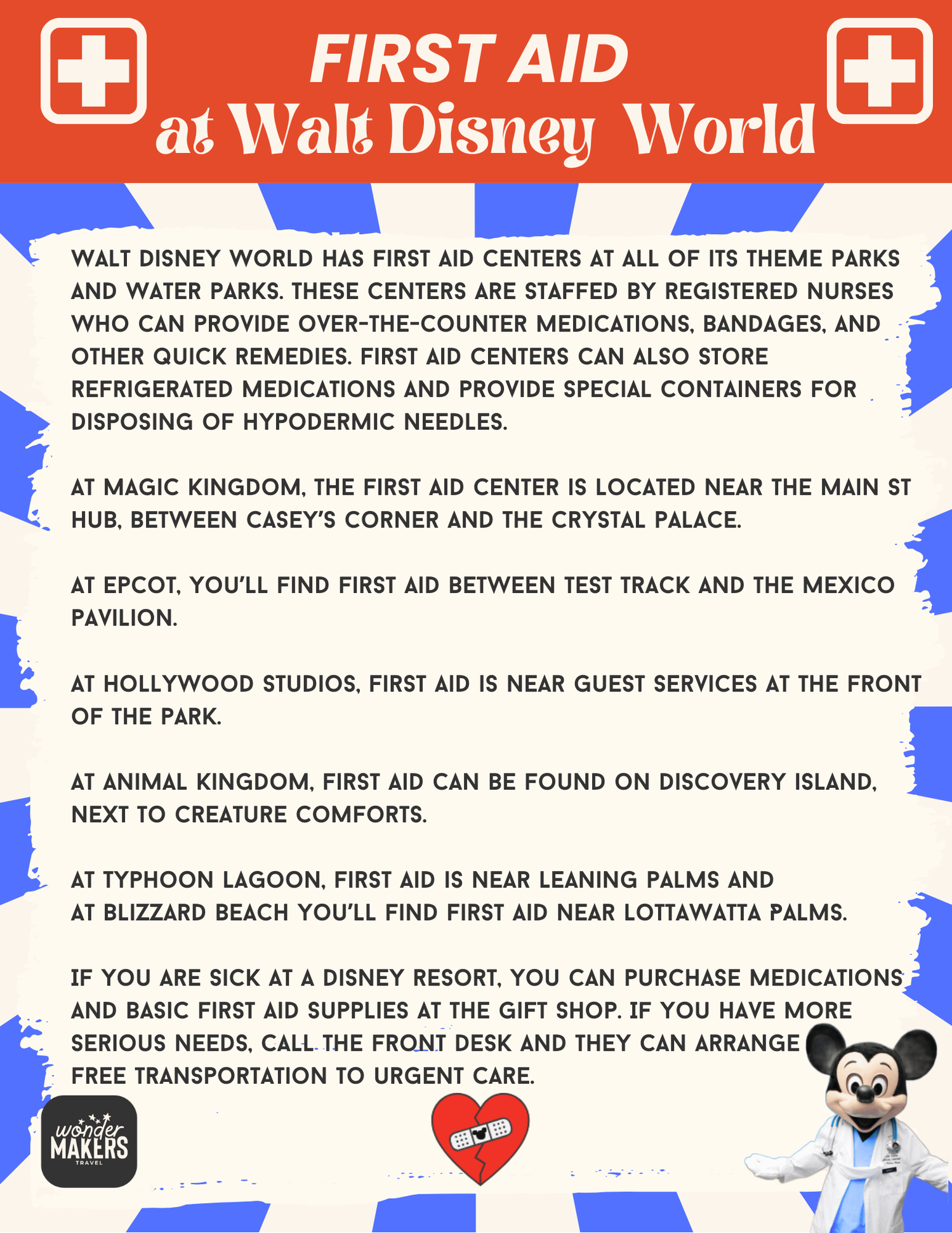 Informational guide showing First Aid center locations at Walt Disney World theme parks and water parks.