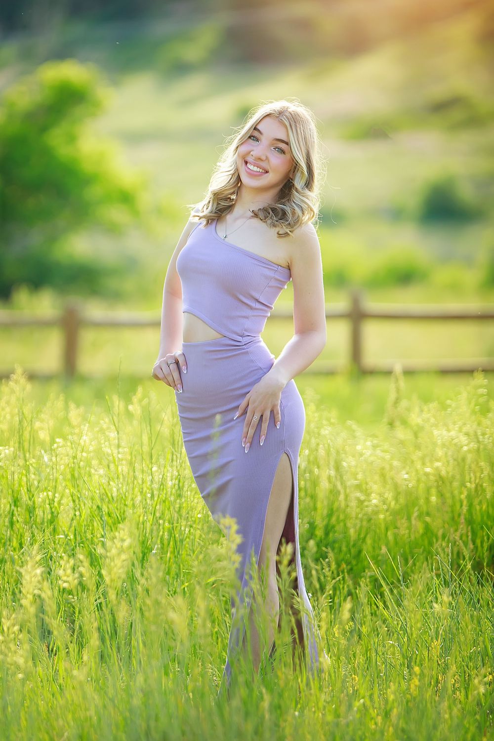 Someone in a lavender gown poses elegantly in a sunlit meadow with tall grass and wooden fence in the background.