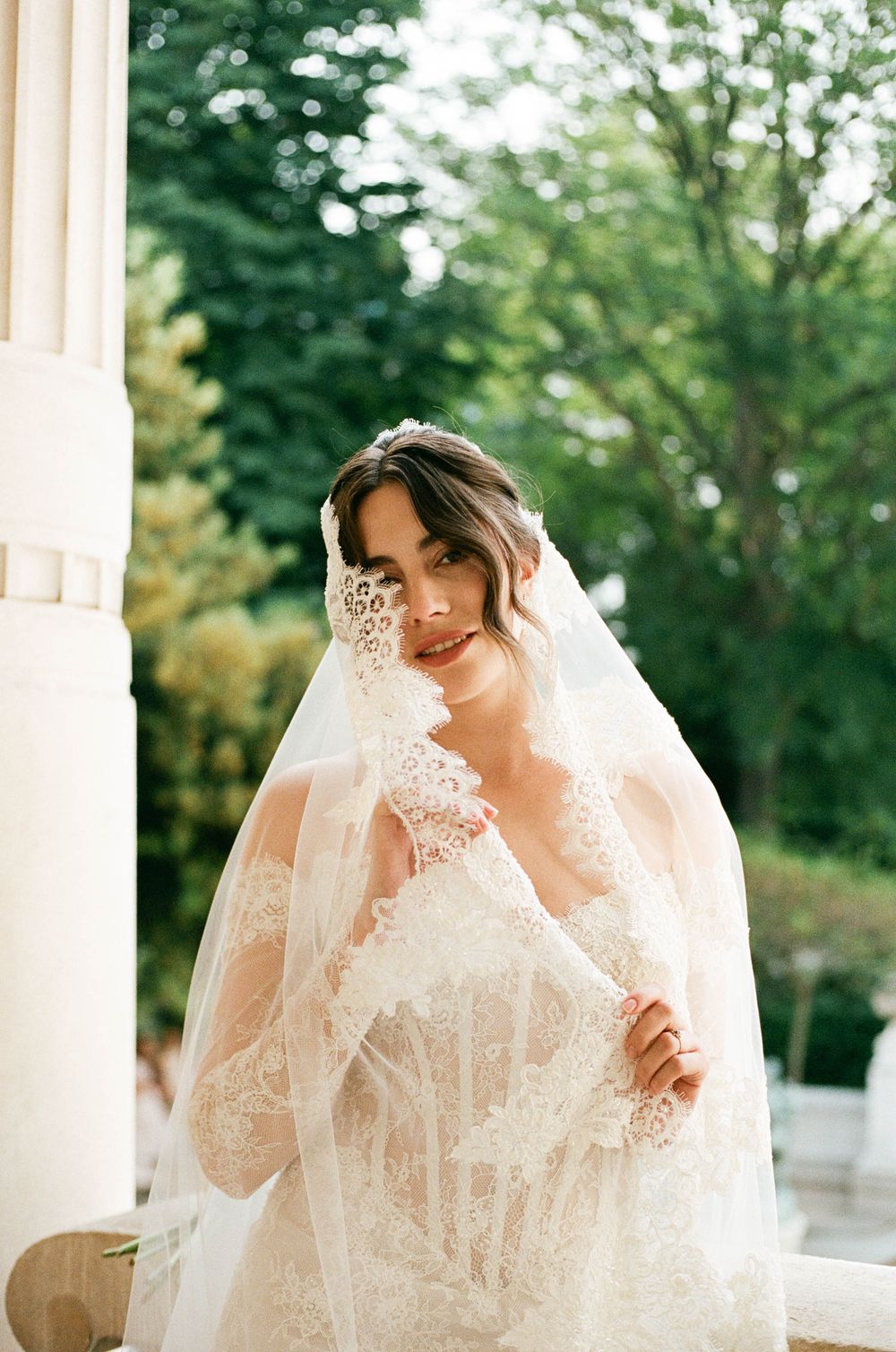 Paris elopement at Palais Galleria. Film photography for elopement with lace veil.