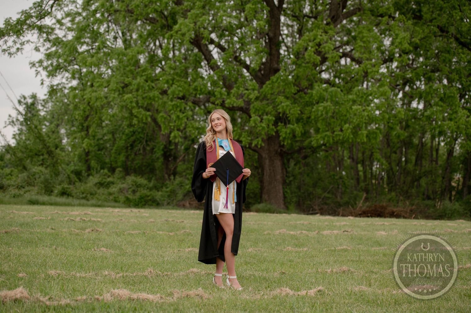 Graduate in black cap and gown stands on grassy field with trees in background during outdoor graduation photoshoot.