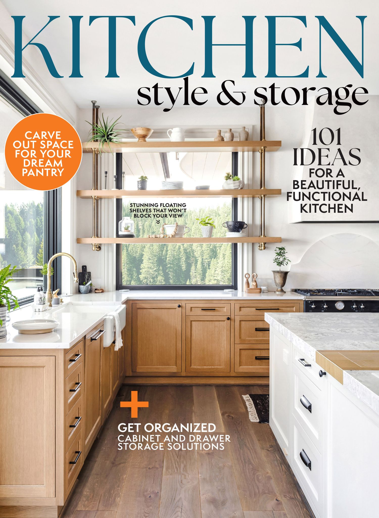 Magazine spread about kitchen organization and storage solutions with modern design examples.