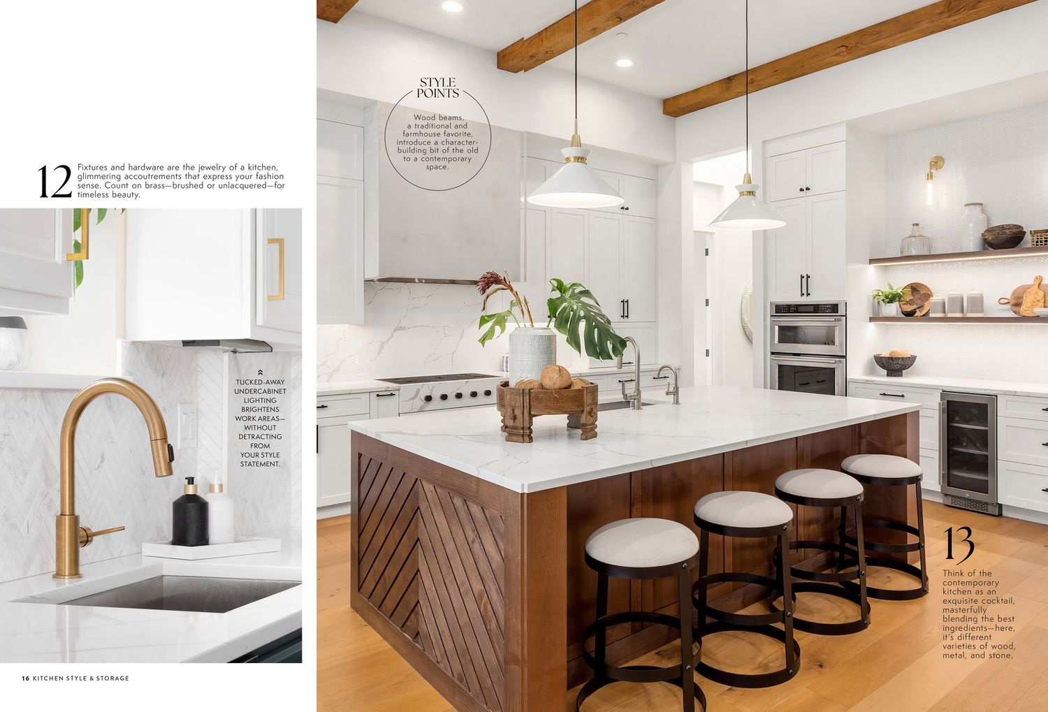 White modern kitchen interior with wood beam ceiling and pendant lighting.