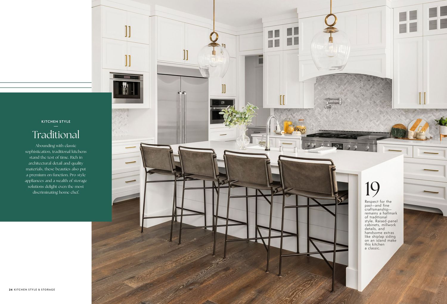 Contemporary kitchen featuring white cabinets, hardwood floors, and island with bar seating.