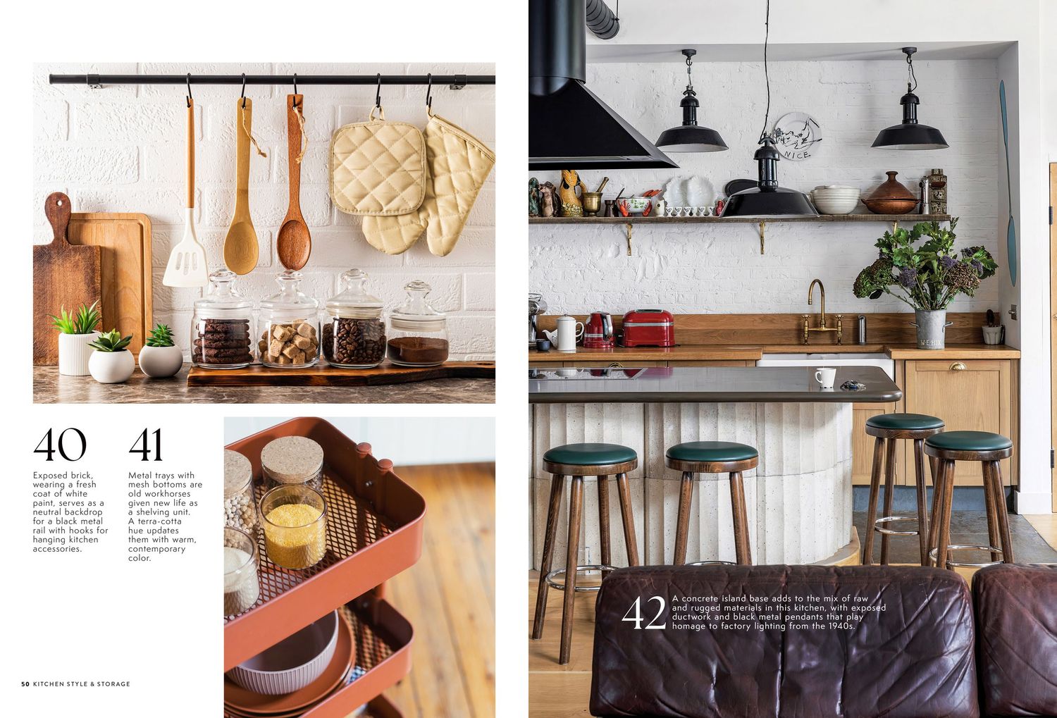 Kitchen storage solutions magazine layout with wooden shelving and organizational tips.