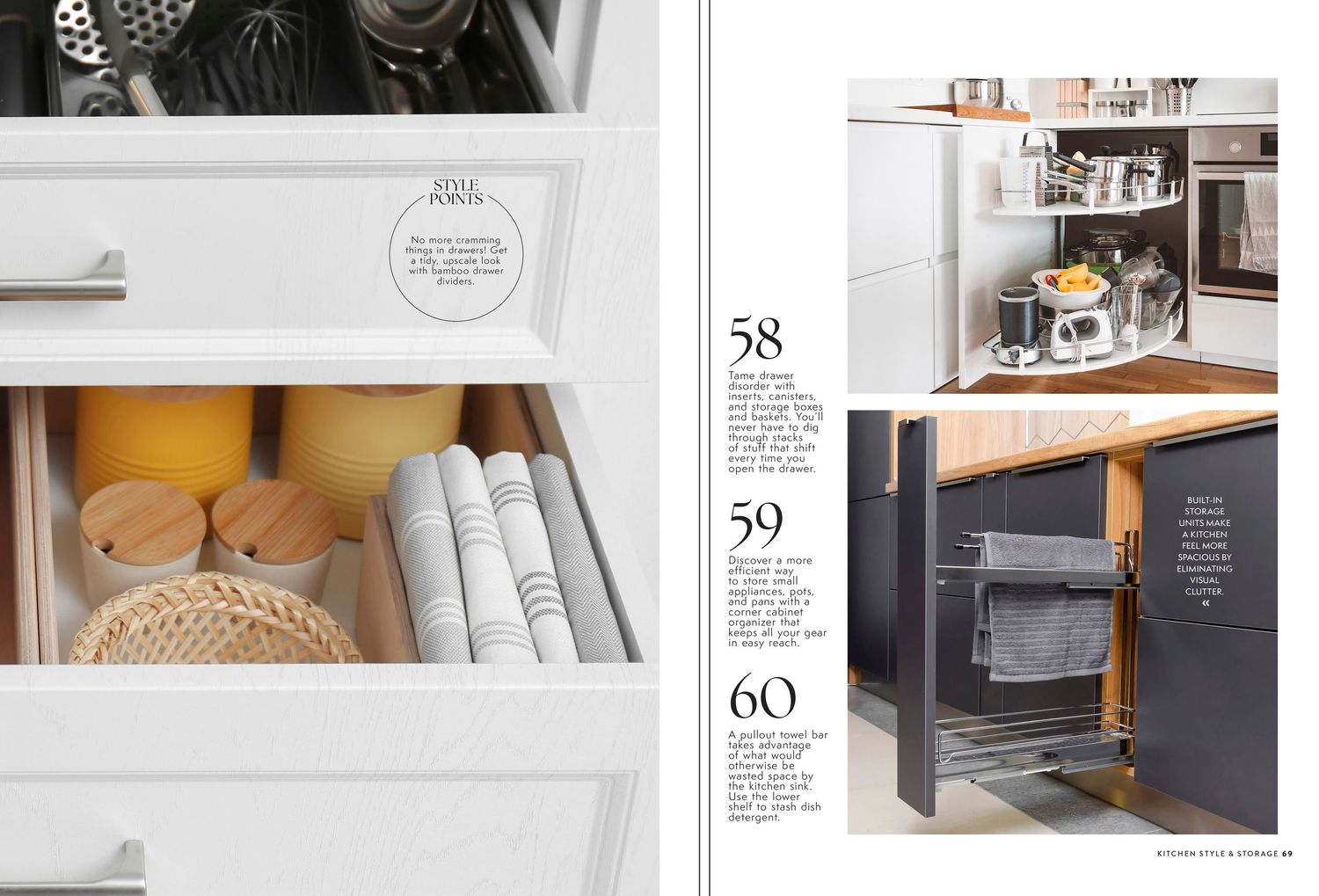 Storage and organization ideas for kitchen spaces with detailed product shots.