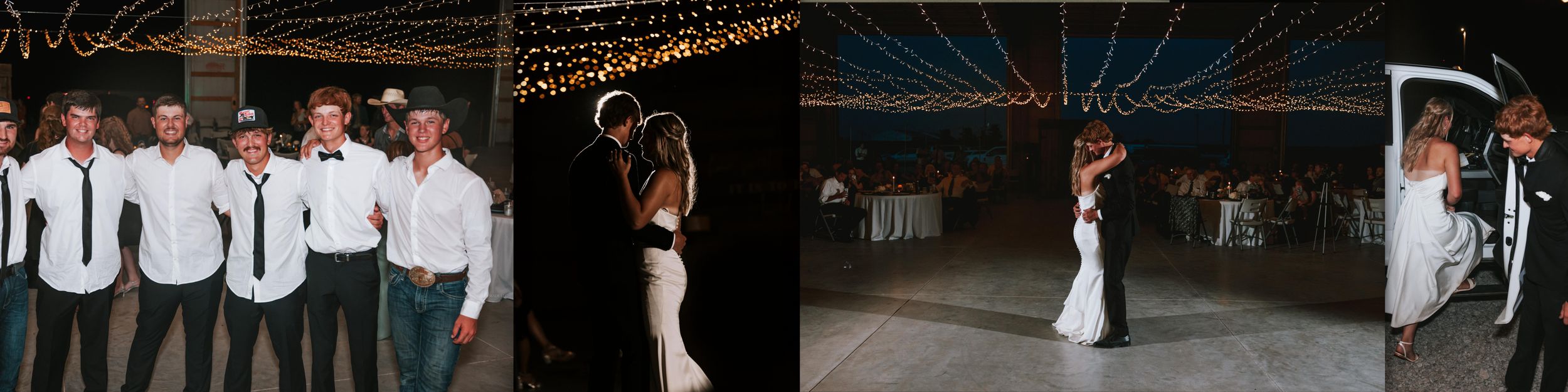 Wedding guests dance and celebrate on a dimly lit dance floor during an evening reception celebration.