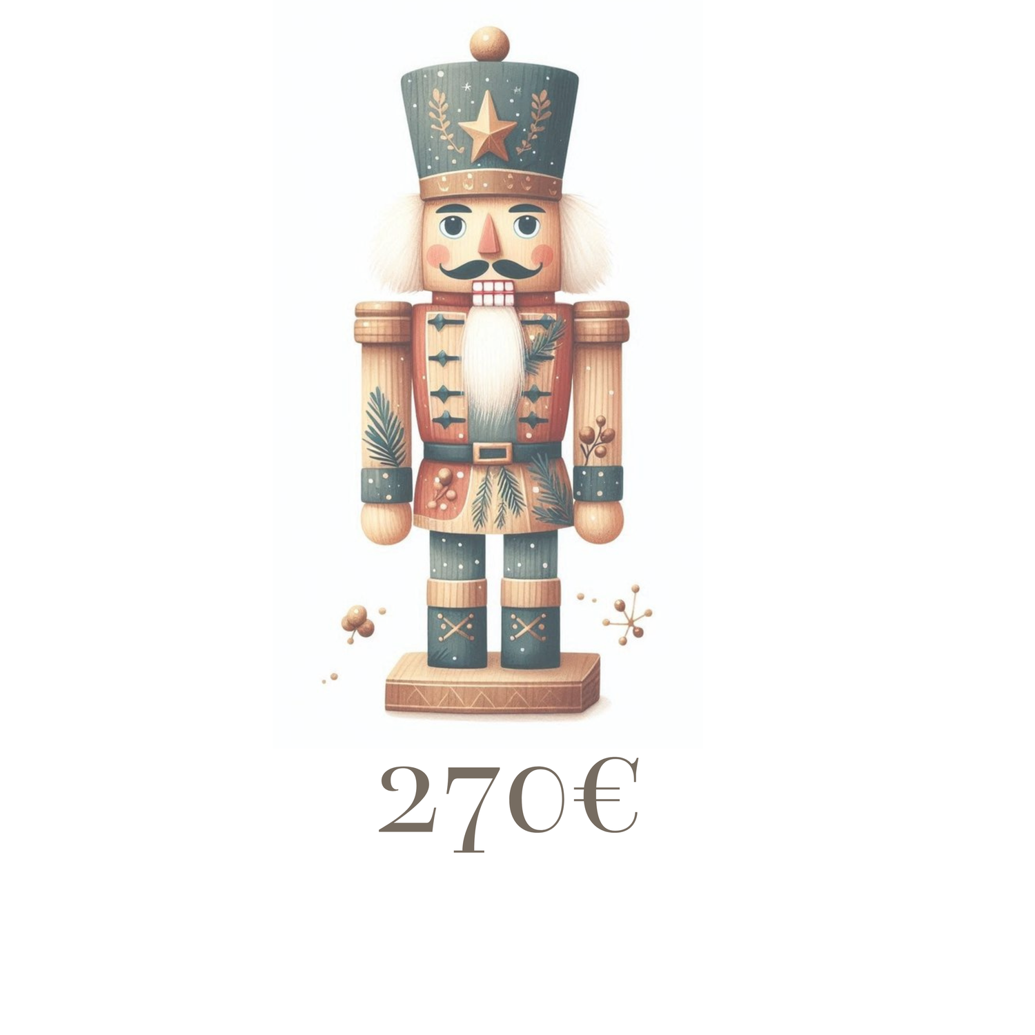 Watercolor illustration of a traditional nutcracker soldier figurine in soft blue and pink tones with number 2500 below.