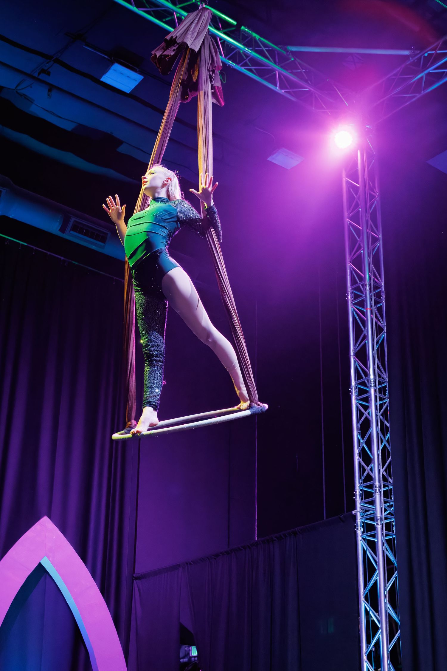Aerial performer on trapeze under dramatic purple and blue stage lighting during a circus performance.