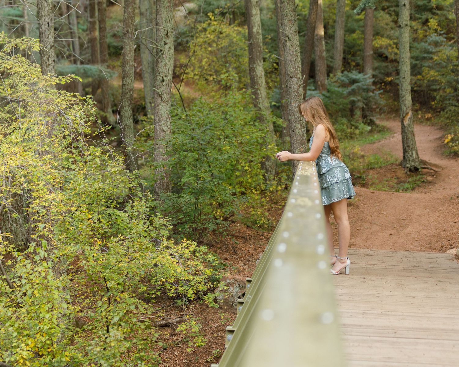 A girl leaning on the rail of a bridge in a forest.