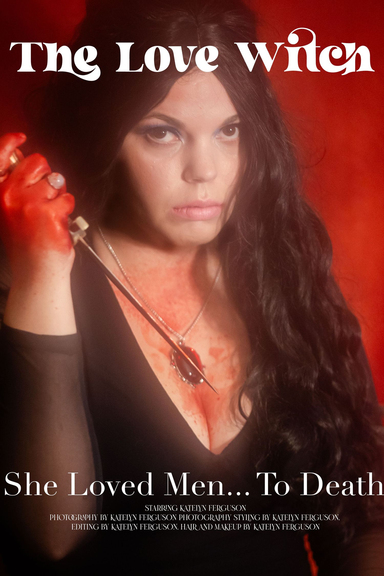Movie poster for The Love Witch featuring darkhaired woman in red-tinted lighting with gothic horror aesthetic halloween inspired photoshoot