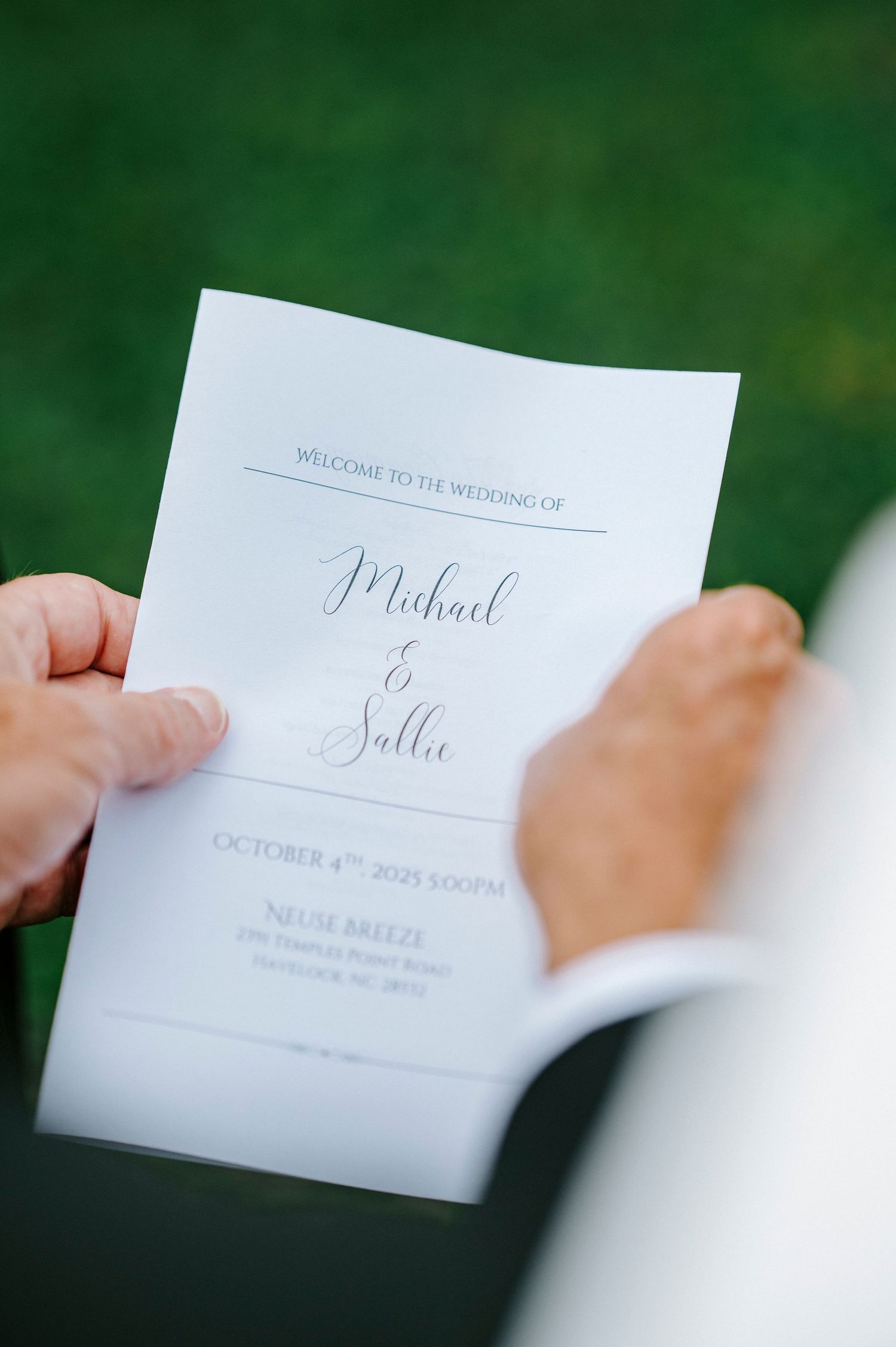 Wedding invitation with elegant calligraphy text shown in a series of close-up shots against a blurred green background.