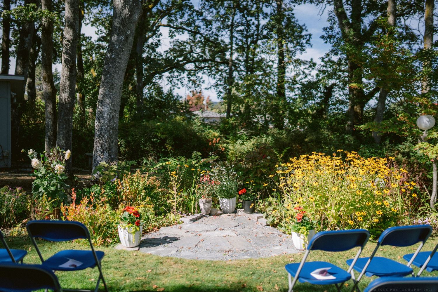 A scenic garden landscape with colorful wildflowers and blue chairs arranged for an outdoor event.