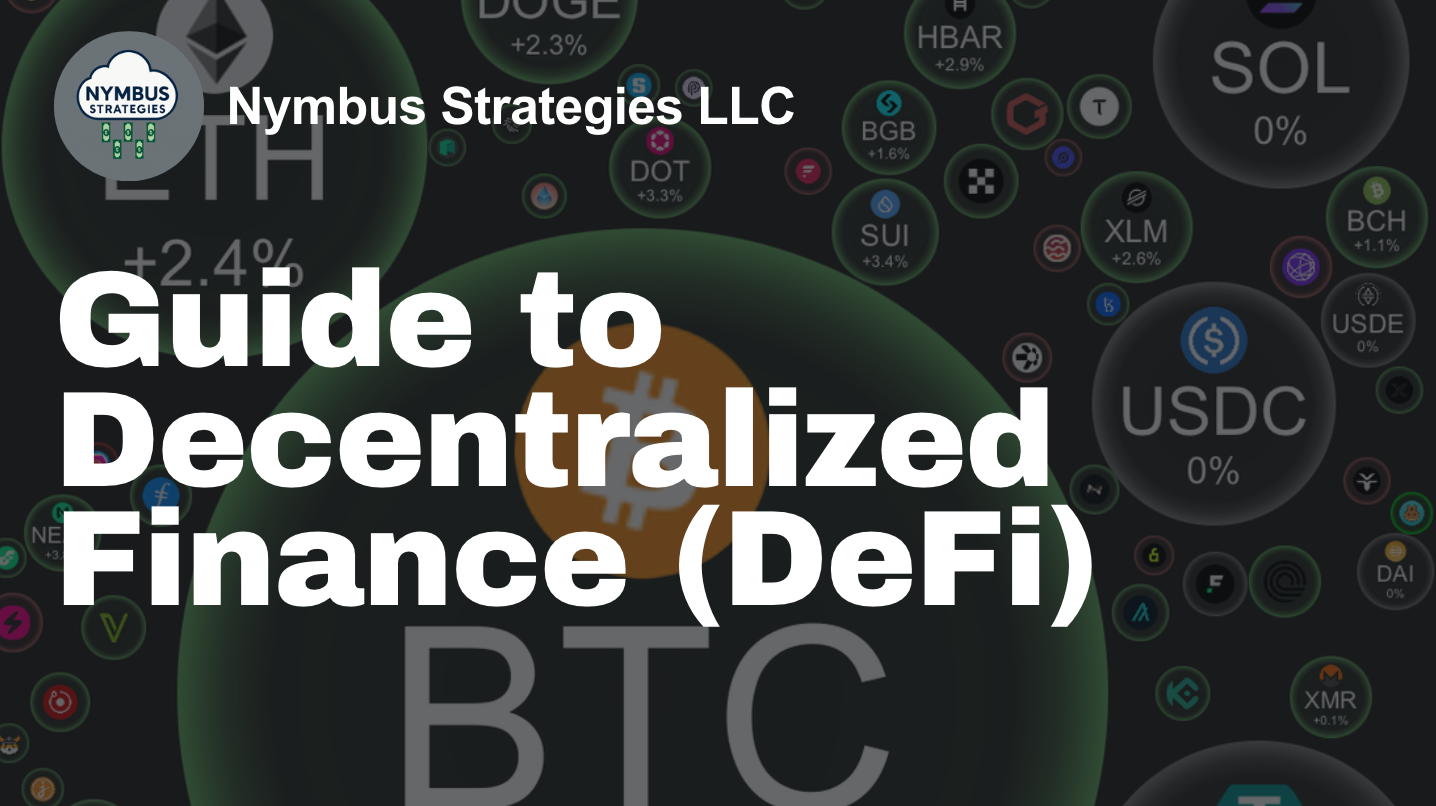 Dark background with glowing cryptocurrency logos and text displaying Guide to Decentralized Finance (DeFi).