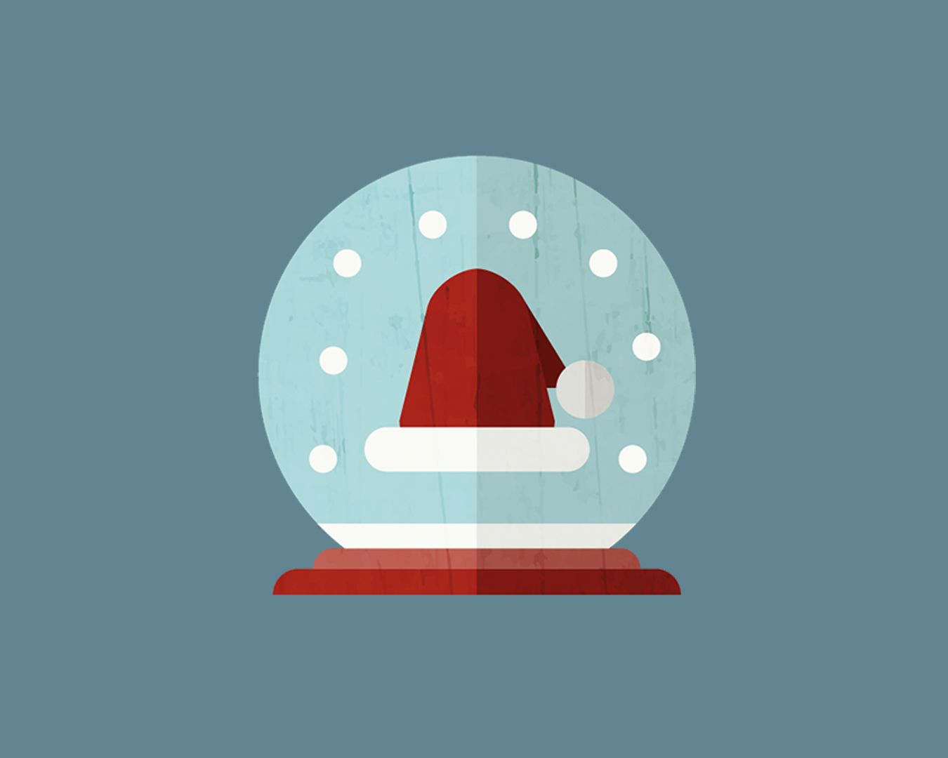 A minimalist winter illustration series featuring a snowy cloud and red snow globe against a teal background.