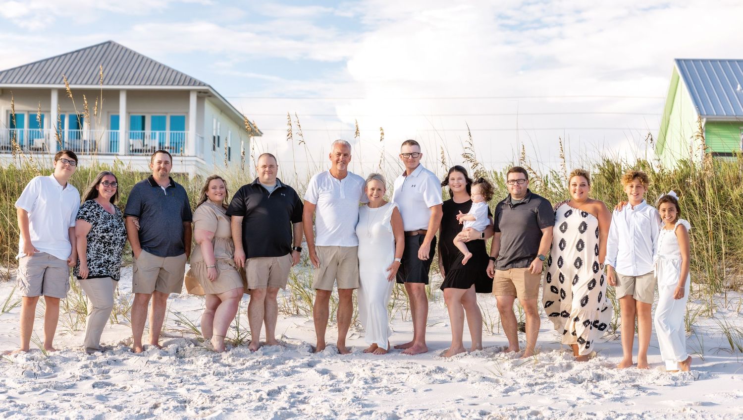 A series of beach family portraits showing groups of people in casual attire standing together on white sand.