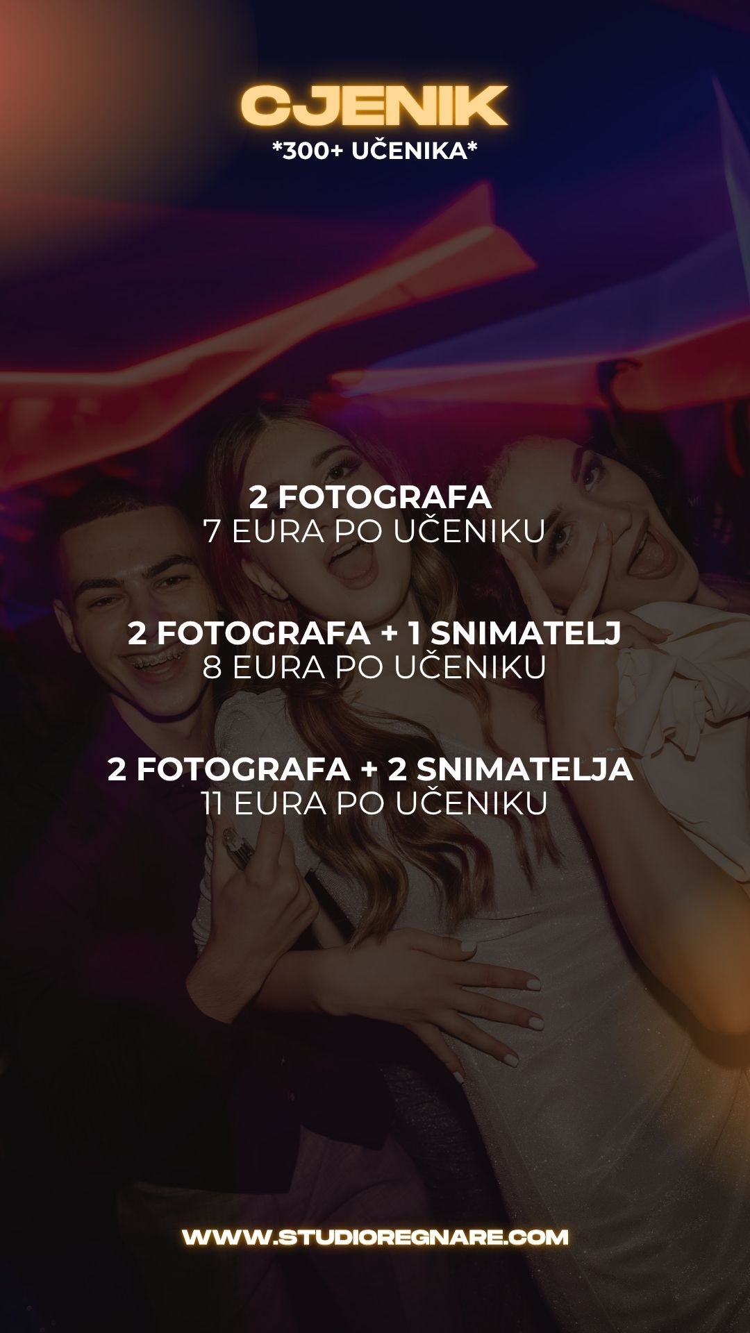 Nightclub event poster with text overlays showing 'Maturalna Vecer' against a dark background with crowd photos.