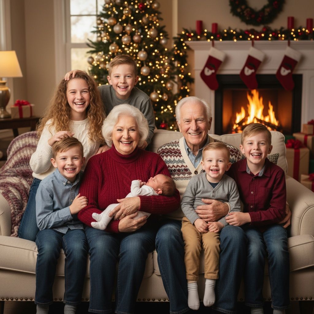 Family enjoying holiday moments together on couch with Christmas tree and festive decorations in background.