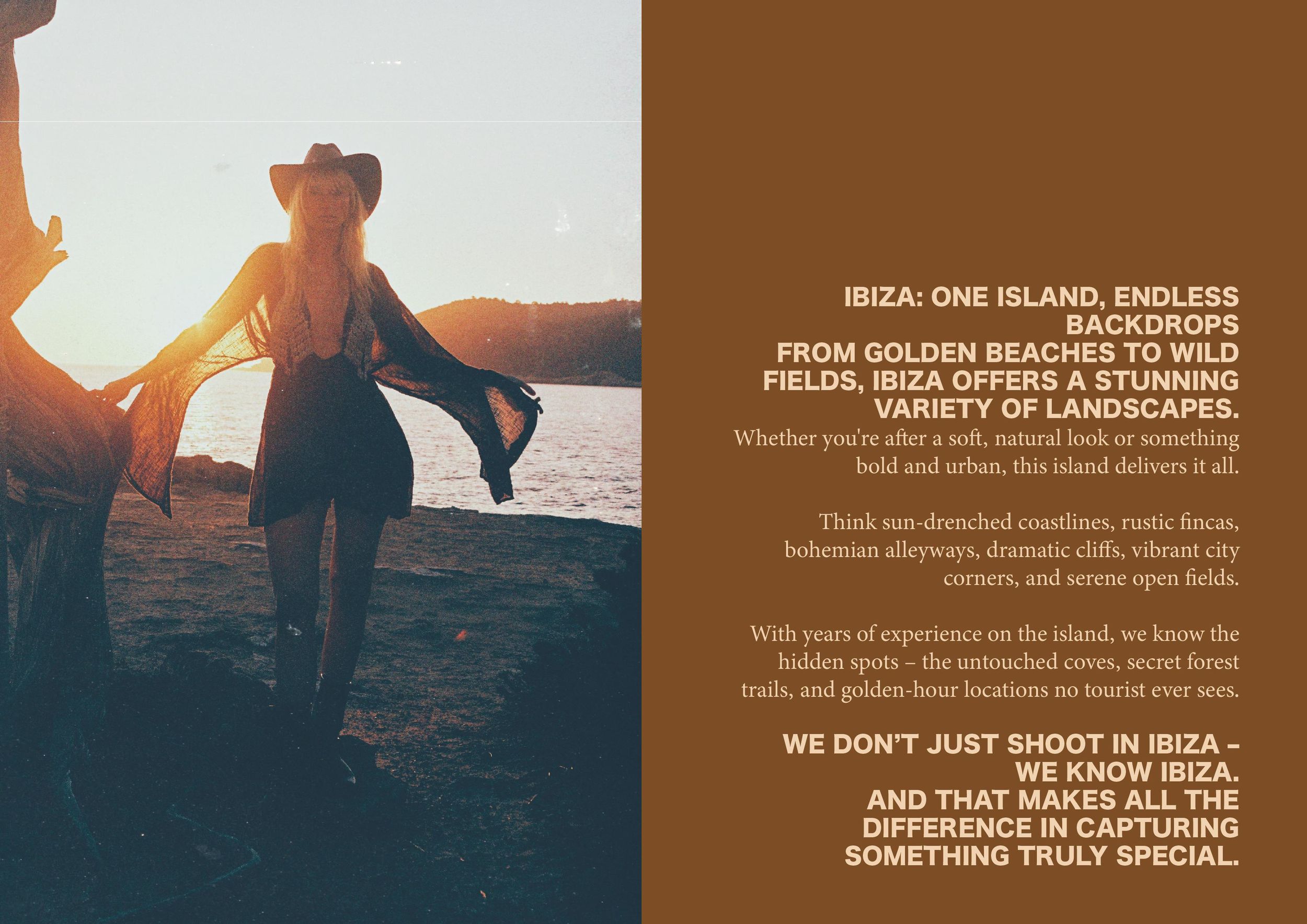 Sunset silhouettes with text overlay describing photography services in Ibiza.