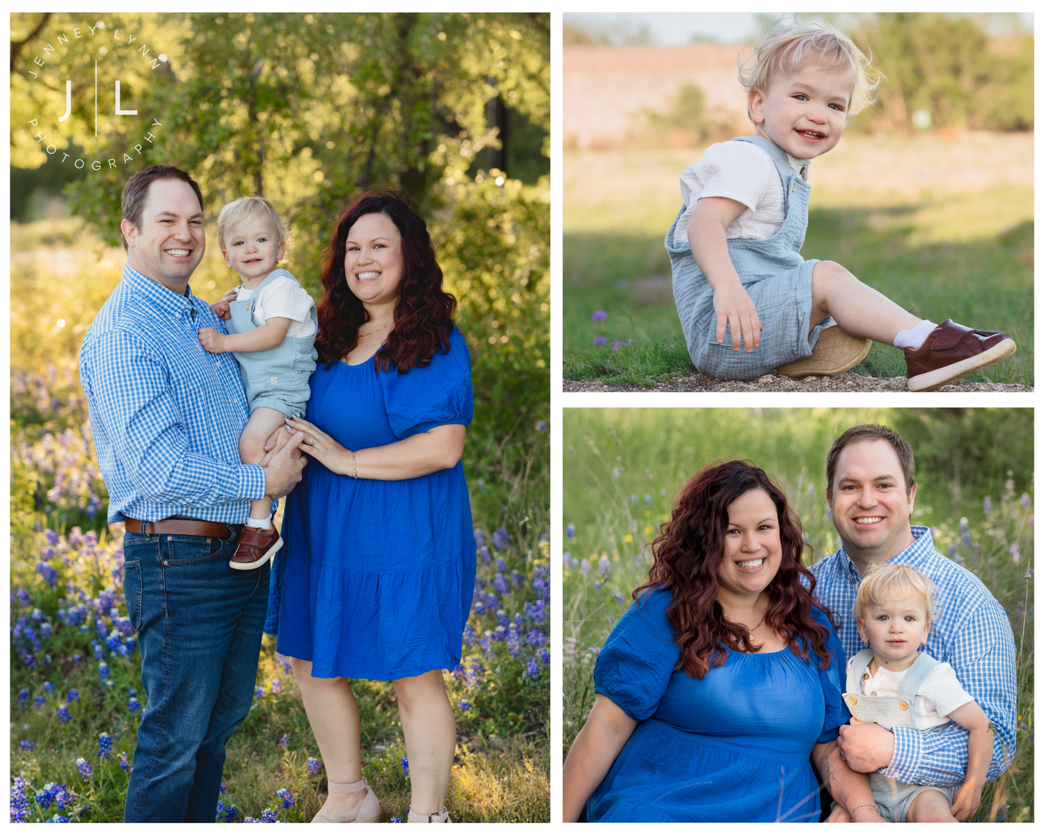 A three-part collage of a family in blue clothing posing together outdoors among bluebonnet wildflowers and natural scenery. Bluebonnet Mini