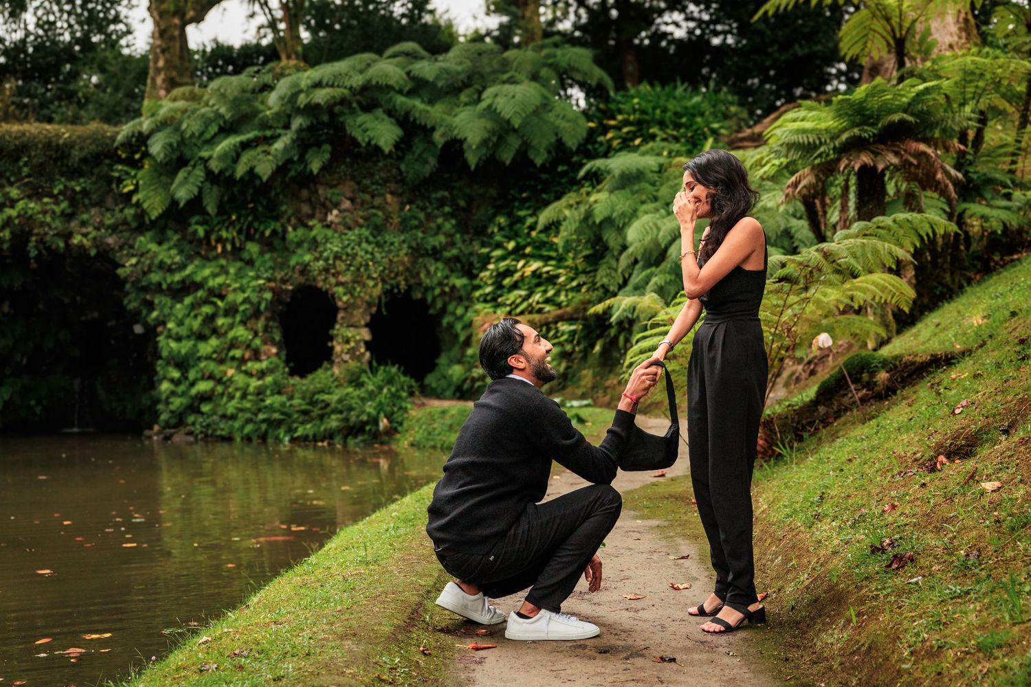 Emotional reaction as a partner gets down on one knee.