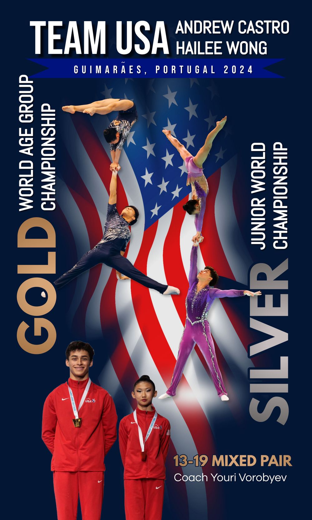 Team USA promotional poster featuring gymnasts against an American flag background.