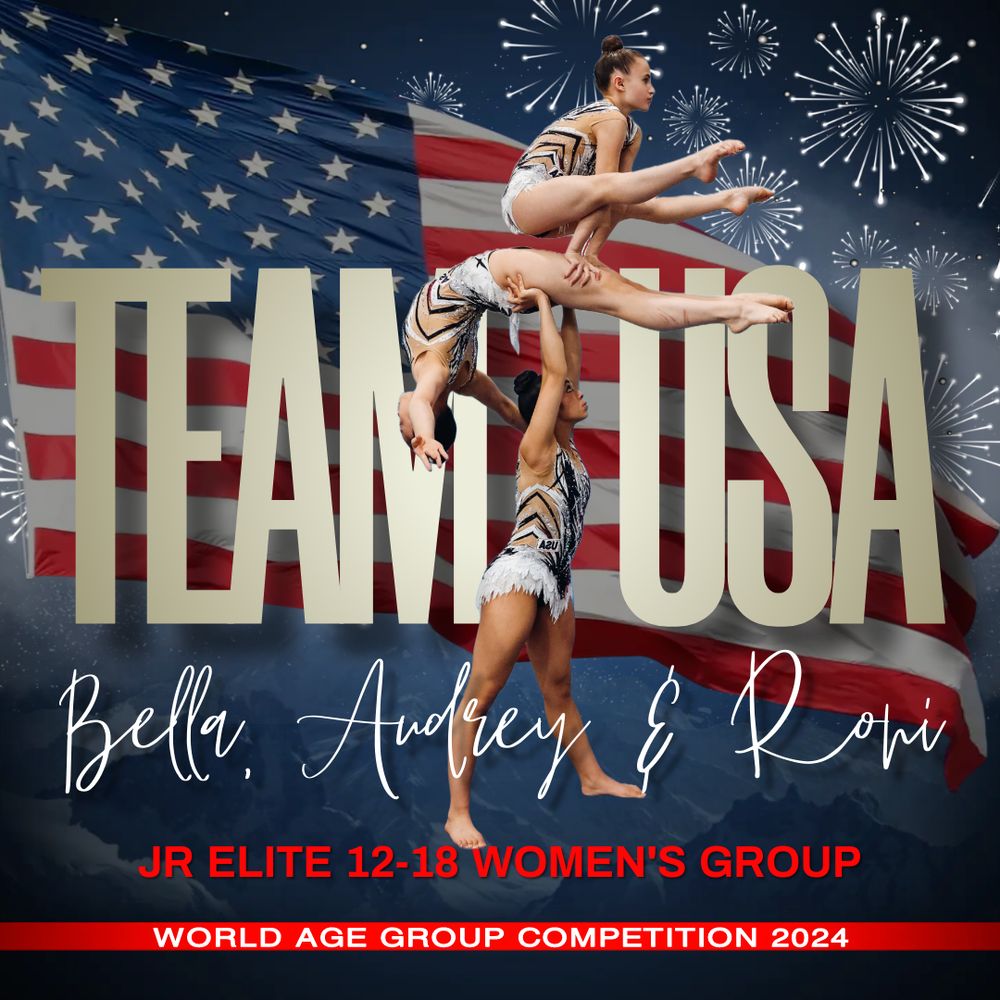 Team USA junior elite acrobatic gymnastics poster featuring performers against American flag with fireworks.