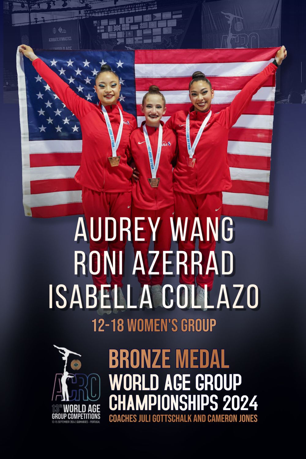 Bronze medal winners pose with American flag at World Age Group Championships.