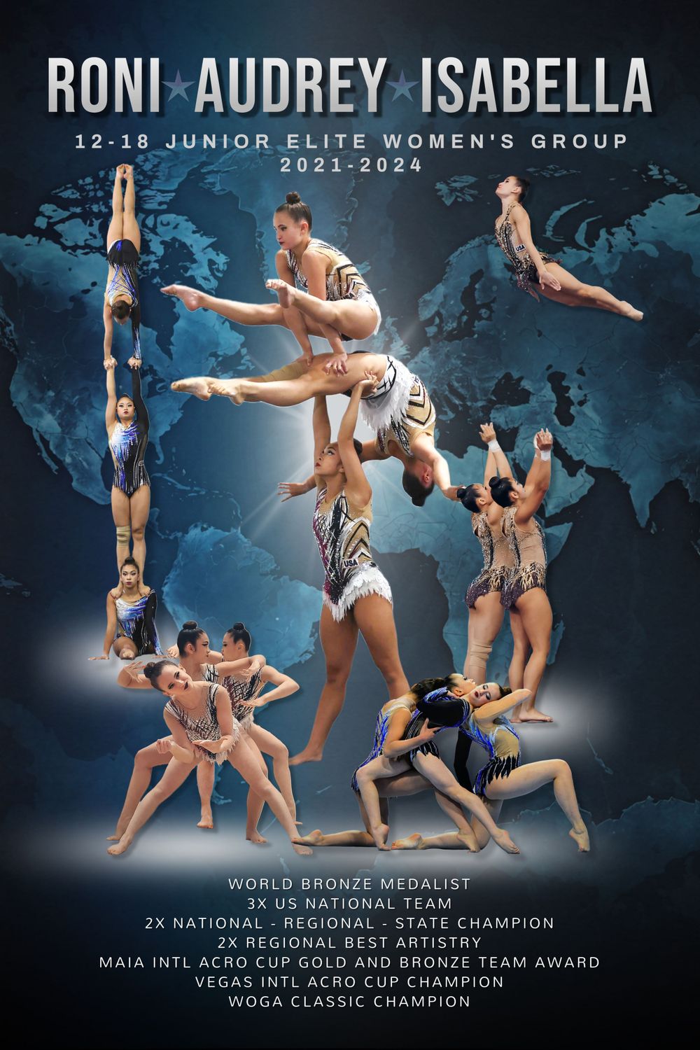 Artistic poster showing gymnasts in various poses against a world map background.