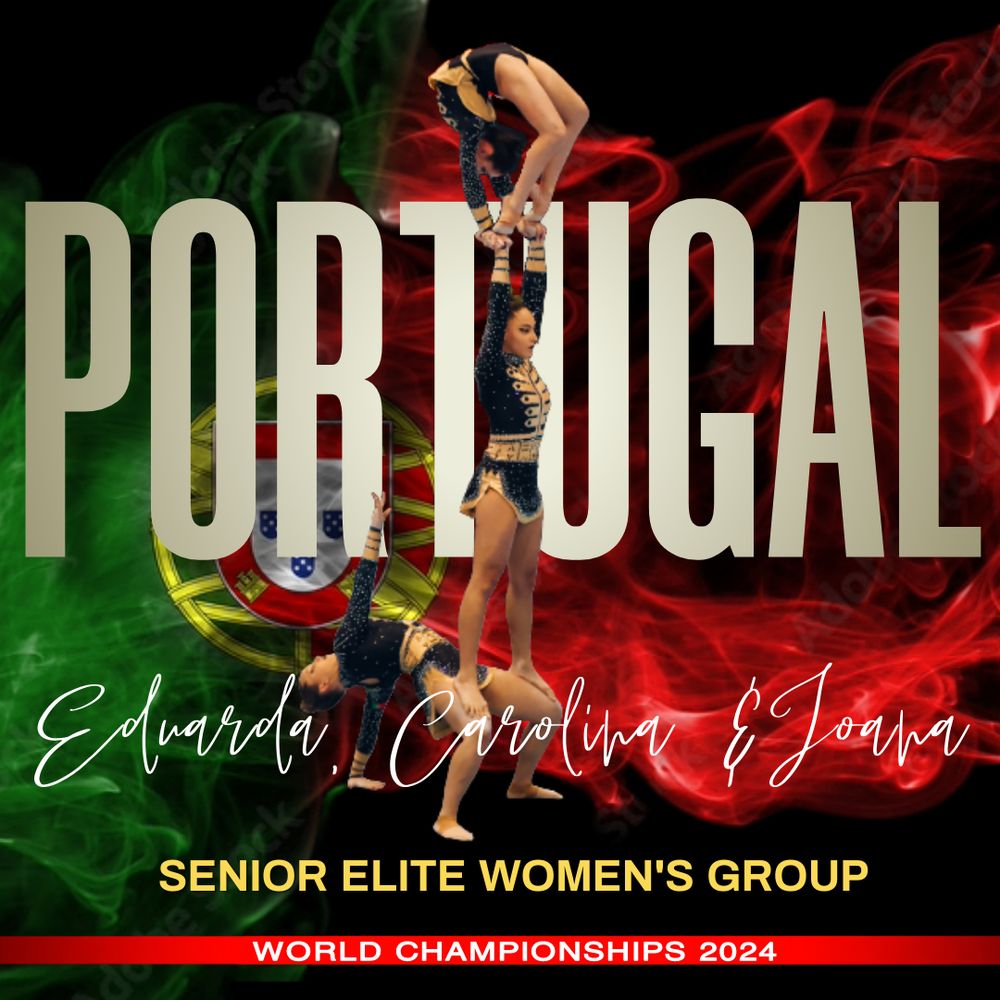 Portuguese senior elite women's group acrobatic pose against national flag colors for 2024 championships.