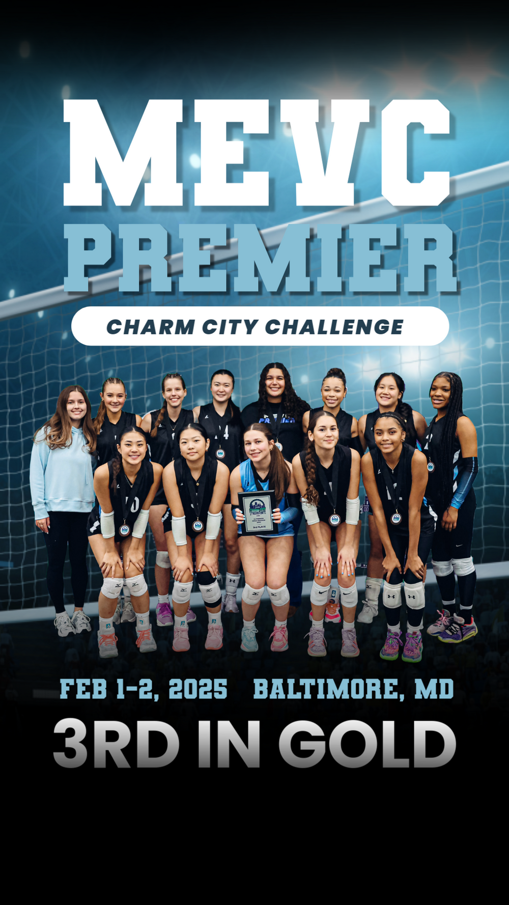 MEVC Premier volleyball team photo celebrating third place finish at the Charm City Challenge in Baltimore.