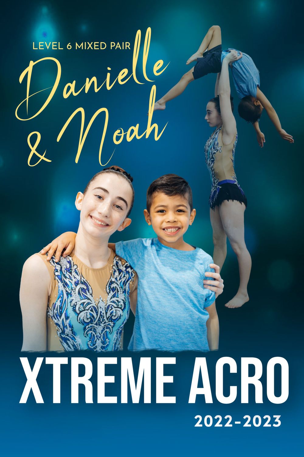 Level 6 mixed pair acrobatic gymnastics promotional banner with blue background.