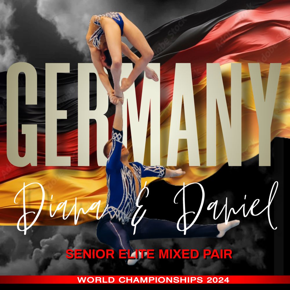German mixed pair acrobatic performance silhouette against national flag for 2024 World Championships.
