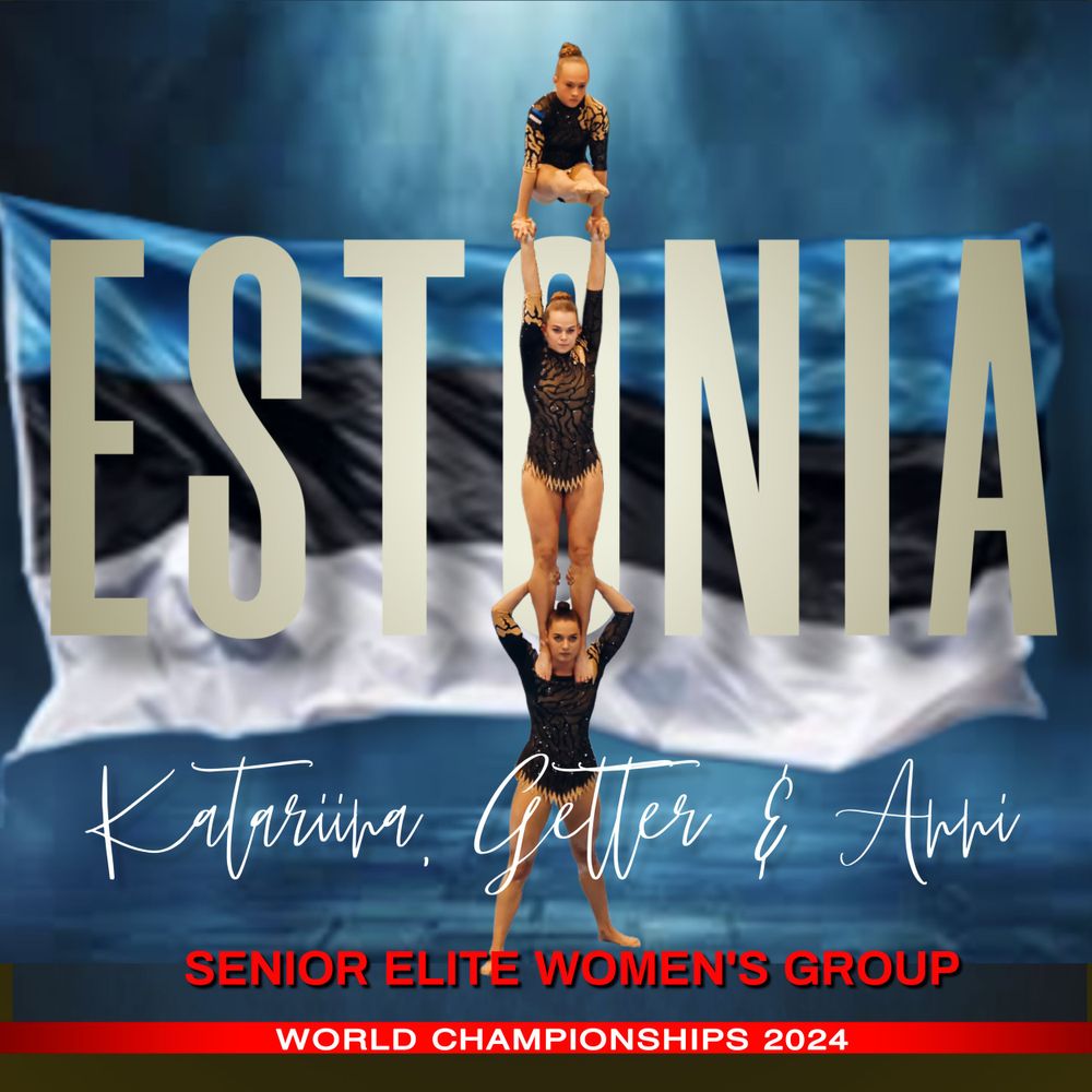 Estonian Senior Elite women's gymnastics team promotional banners with national flag.