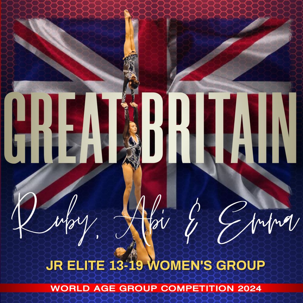 Great Britain Junior Elite women's gymnastics team banners with Union Jack background.