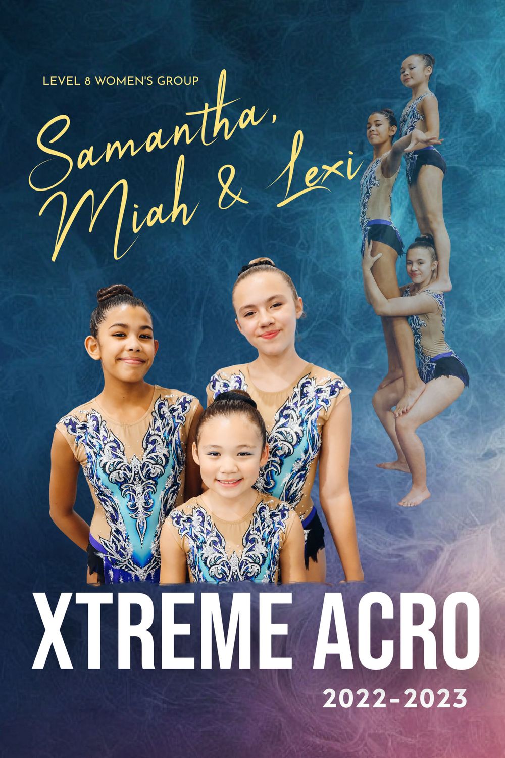 Level 6 women's group acrobatic gymnastics team promotional banner with blue gradient background.