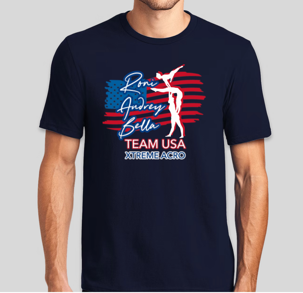 Navy blue Team USA t-shirt collection featuring gymnast silhouettes and American flag designs.