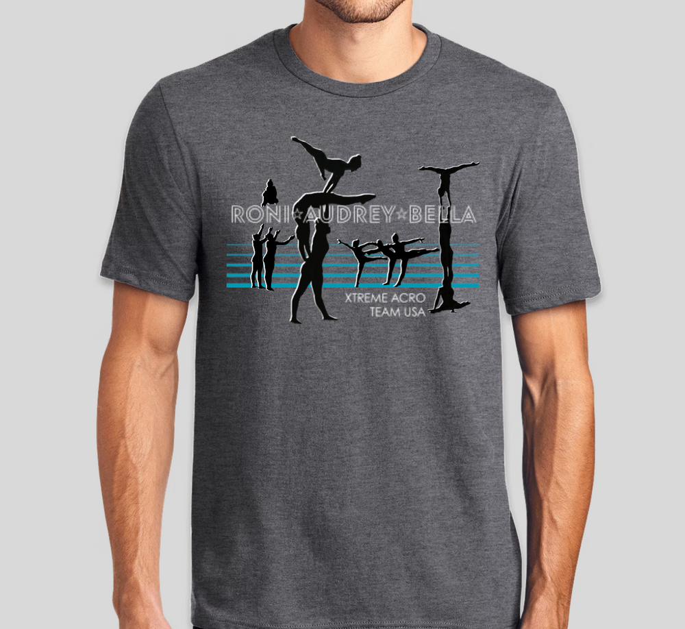 Gray athletic t-shirts with gymnast silhouettes and movement progression designs.